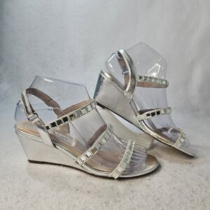 NINA Sz 6.5 M Silver Rhinestone Strap Wedge Dress Sandals Easy Closure